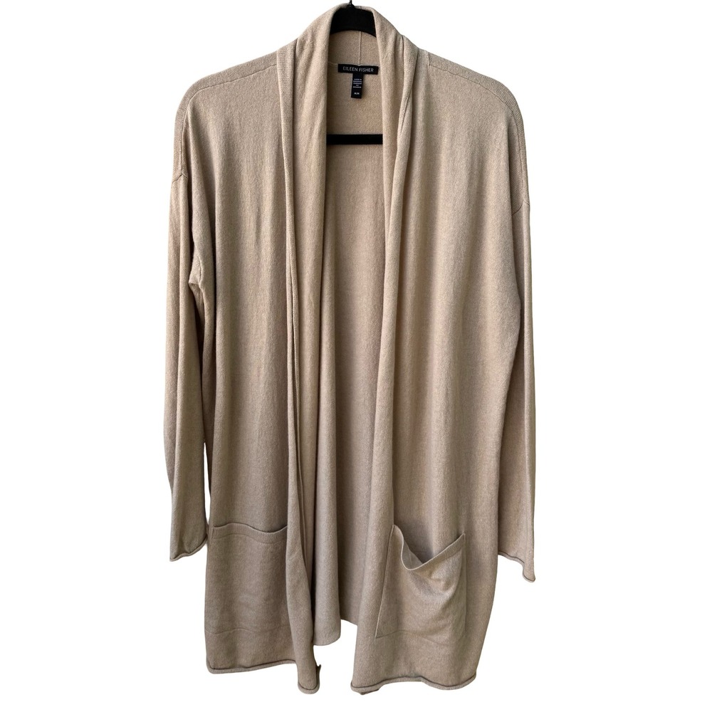 Eileen Fisher 100% Cashmere Minimalist Quiet Luxury Open Front Cardigan Beige M